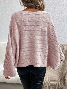 SHEIN Essnce Boat Neck Batwing Sleeve Cable Knit Sweater - Pink - View 2