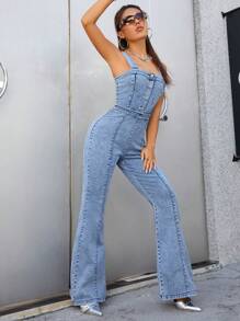 SHEIN ICON 前紐扣喇叭牛仔連身褲 - 藍色 - 查看 5