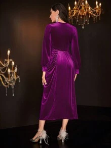 Modelyn Surplice cổ Tay áo lồng đèn Xù Nhung Đầm - Màu đỏ tím - Xem 2
