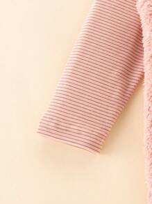 SHEIN Young Girl Solid Tee & Cartoon Embroidery 3D Ear Design Teddy Overall Dress - Pink - View 4