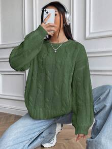 SHEIN Unity Xoắn Dan Thả vai Áo len - màu xanh lá - Xem 4