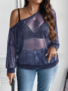SHEIN Franclia Hơn Cổ không đối xứng Thả vai Lưới Áo nỉ Không có áo ngực - Xanh đậm - Xem 5