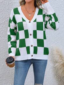 SHEIN Essnce 棋盤格圖案落肩袖開襟衫 - 綠色 - 查看 4