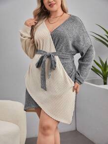 SHEIN Privé 大碼雙色落肩袖繫腰帶洋裝 - 灰色 - 查看 4