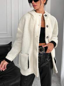 EURMUSE Dual Pocket Drop Shoulder Hooded Teddy Coat - White - View 5