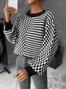 SHEIN LUNE Striped And Checker Pattern Drop Shoulder Knit Pullover Fall Winter Sweater - Multicolor - View 3