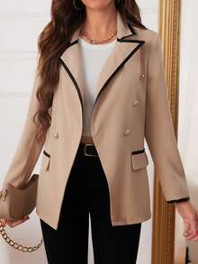 SHEIN Clasi Tương phản ràng buộc Đôi ngực Chi tiết về Flap Áo vest - Màu be - Xem 3