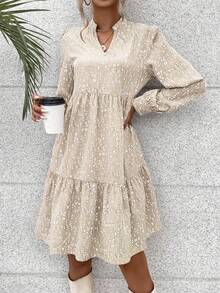 SHEIN VCAY Allover Print Notched Neckline Ruffle Hem Smock Dress - Apricot - View 4