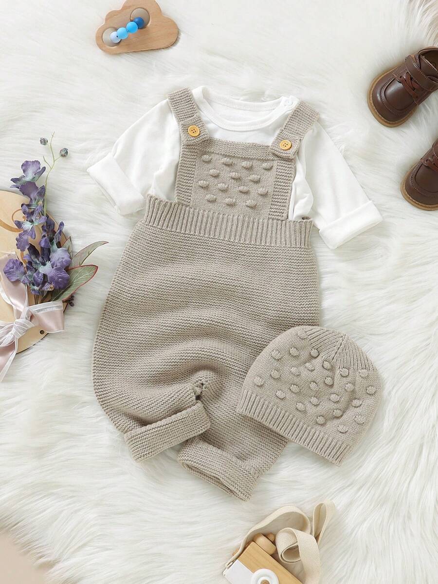 Baby Boy Solid Knit Jumpsuit Without Tee - Apricot - View 1
