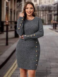 SHEIN Clasi Hơn Chi tiết Nút Đồ đan Ribbed Váy bodycon Không có thắt lưng - Màu xám đen - Xem 6