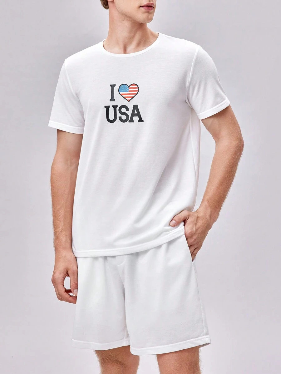 Manfinity VCAY Nam Đồ họa trái tim & khẩu hiệu Áo thun & quần đùi - trắng - Xem 1