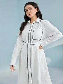 Seusyu Plus Contrast Binding Belted Shirt Dress - White - View 4