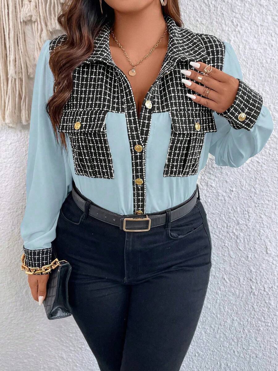 Celure Plus Contrast Plaid Print Flap Pocket Blouse - Blue - View 1