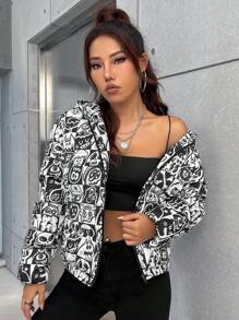 Wotto Áo khoác độn có khóa kéo in họa tiết Graffiti - Đen và trắng - Xem 5