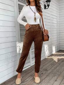 EMERY ROSE Solid Slant Pocket Corduroy Pants - Rust Brown - View 6