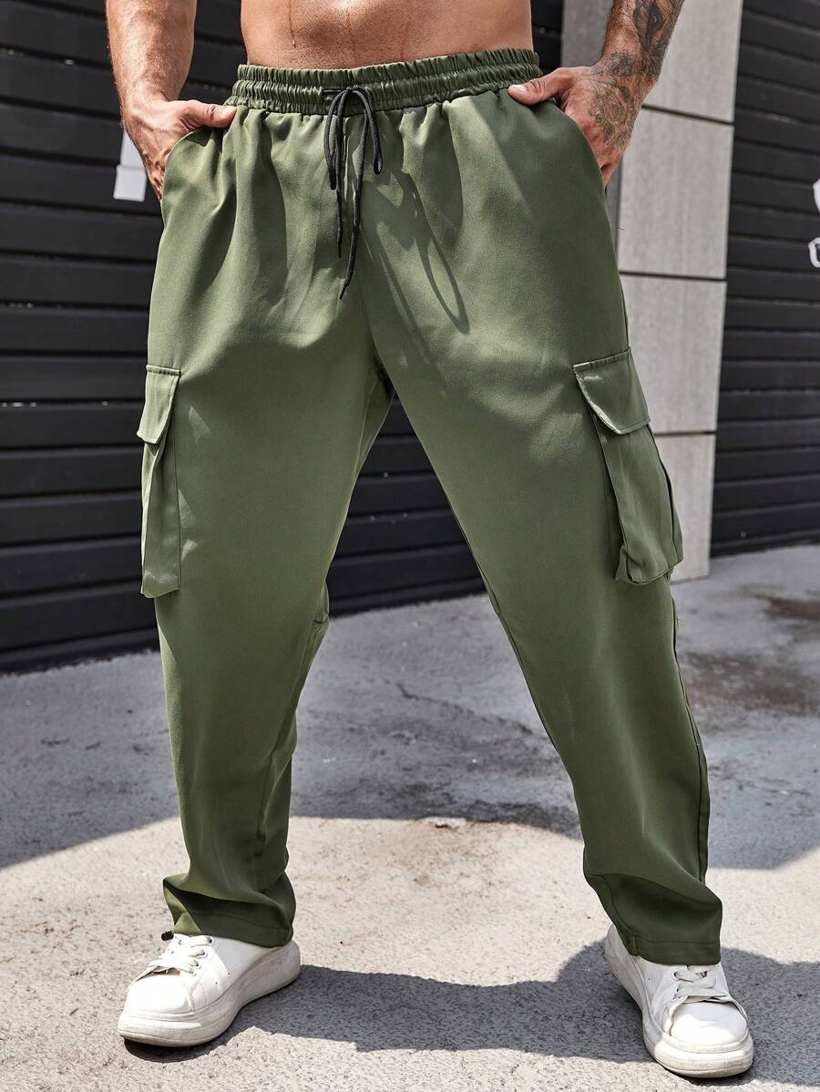 Manfinity LEGND Men's Plus Size Loose Cargo Pants With Flap Pockets And Elastic Drawstring Waist - Black - View 1