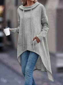 EMERY ROSE Kangaroo Pocket Drop Shoulder Drawstring Hoodie - Grey - View 1