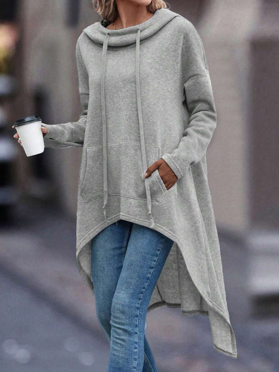 EMERY ROSE Áo hoodie dây rút có túi Kangaroo - Xám - Xem 1