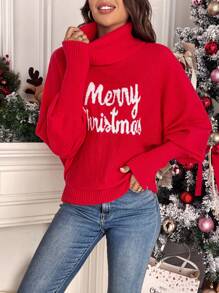 SHEIN Frenchy Christmas Letter Pattern Turtleneck Batwing Sleeve Sweater,Long Sleeve Tops