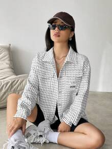 SHEIN Unity Plaid Print Drop Shoulder Flap Pocket Button Front Coat - White - View 1