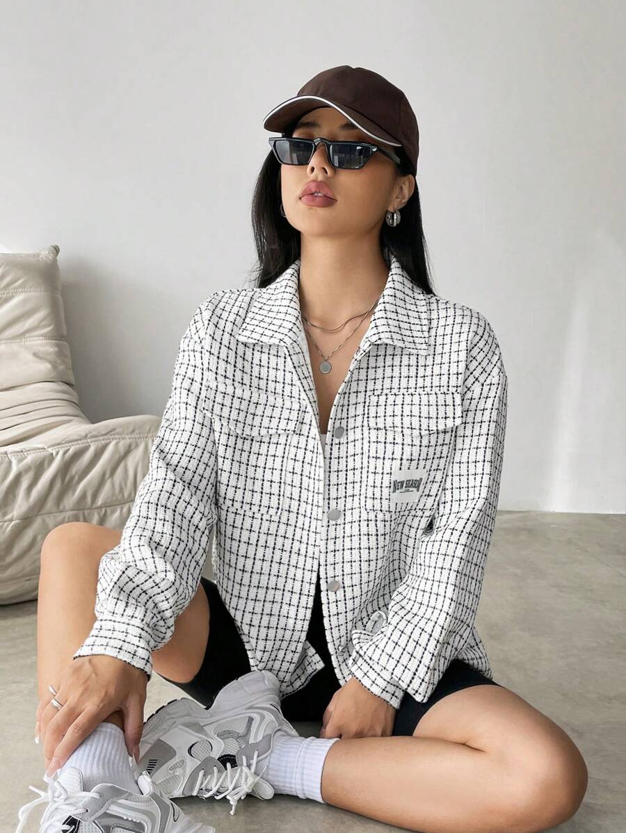 SHEIN Unity Plaid Print Drop Shoulder Flap Pocket Button Front Coat - White - View 1