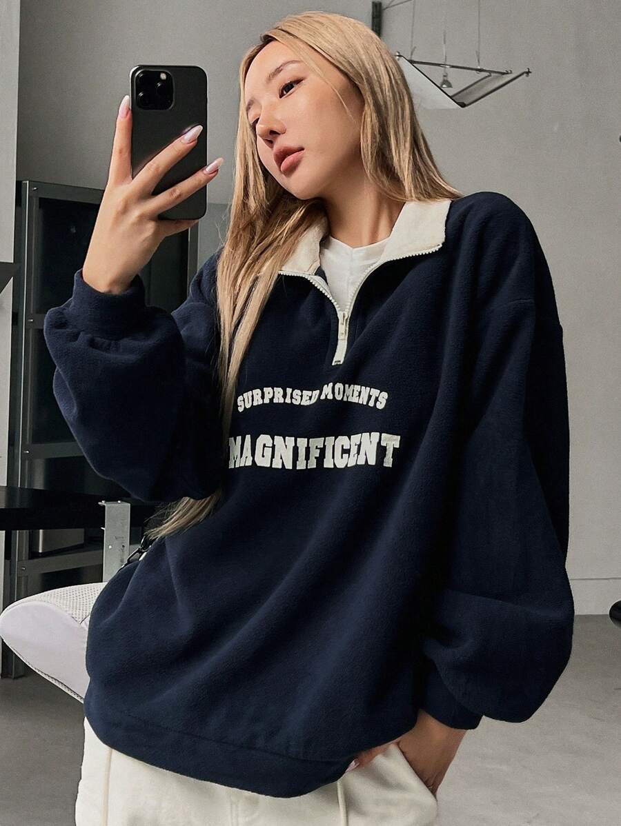 DAZY Letter Graphic Quarter Zip Drop Shoulder Thermal Lined Sweatshirt,Fall Clothes - Navy Blue - View 1