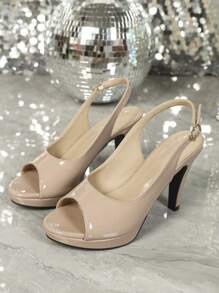 春夏女士高跟鞋，纯色亮面漆皮，柔粉色，圆头厚底，露趾，搭扣粗跟，百搭夜店派对度假宴会优雅高贵。 - 粉色 - 查看 5