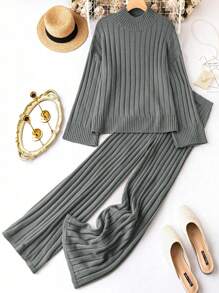 Calvaya Plus Mock Neck Drop Shoulder Sweater & Knit Pants Winter Fall Autumn - Dark Grey - View 1