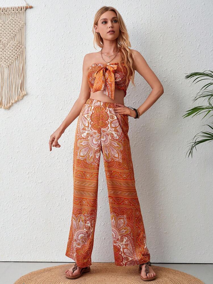 Floral Print Knot Front Tube Top & Wide Leg Pants