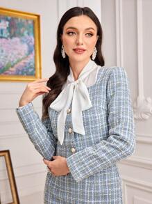 Modelyn 1 件方领格子粗花呢夹克和 1 件裙子套装 2 件套 - 藍色 - 查看 4