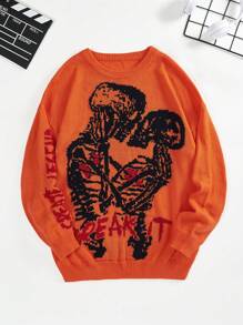 SHEIN Coolane 骷髏&字母圖案套頭毛衣 - 橘色 - 查看 1