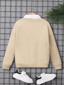SHEIN Tween Boy Letter Patched Contrast Collar Drop Shoulder Sweater Without Shirt - Khaki - View 2