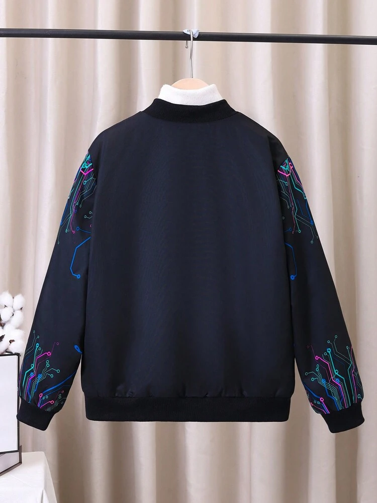 Tween Boy 1pc Graphic Print Teddy Lined Zipper Bomber Jacket