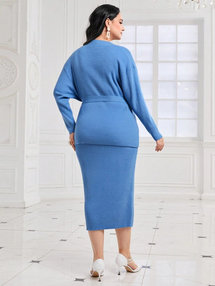 Plus Drop Shoulder Belted Cardigan & Knit Skirt