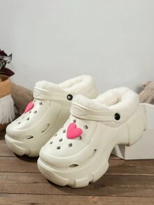 Giày lông cổ tròn màu đỏ mùa thu đông, giày đế bằng giữ nhiệt ấm áp, dép xăng đan thời trang ngoài trời màu trắng đơn giản, dép bít mũi đế EVA siêu dày thoải mái và đa năng. - trắng - Xem 4