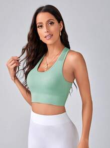 SHEIN Daily&Casual 素色工字運動型胸罩 - 綠色 - 查看 4