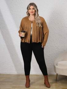 SHEIN LUNE جاكيت مقلم كشكش أزرار أمامية مقاس كبير - بني - مشاهدة 4