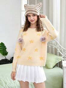 SHEIN EZwear Star Pattern Drop Shoulder Sweater - Yellow - View 1