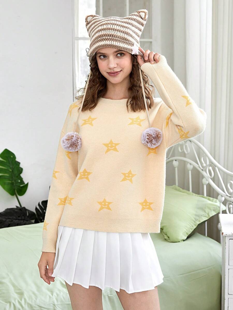 SHEIN EZwear Star Pattern Drop Shoulder Sweater - Yellow - View 1