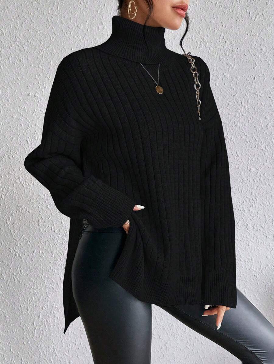 SHEIN Clasi Turtleneck Drop Shoulder Split Hem Knit Pullover Fall Winter Sweater - Black - View 1
