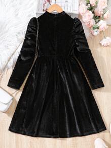 SHEIN Tween Girl Contrast Lace Puff Sleeve Mock Neck Dress - Black - View 2