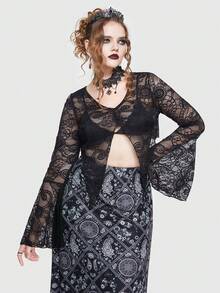 ROMWE Goth Plus Floral Lace Flounce Sleeve Asymmetrical Hem Top - Black - View 3