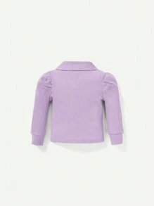 Cozy Pixies Baby Girl Turtleneck Ribbed Knit Puff Sleeve Top - Purple - View 2
