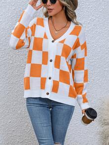 SHEIN Essnce 棋盤格圖案落肩袖開襟衫 - 橘色 - 查看 4