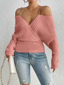SHEIN Essnce 鏈條細節挖肩蝙蝠袖套頭毛衣 - 粉色 - 查看 6