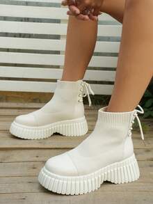 女性極簡風格套頭衫針織靴子時尚繫帶素色女性靴子