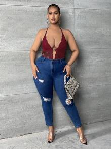 SHEIN SXY 大碼花卉蕾絲貝殼邊露背繞頸連身背心 - 紅色 - 查看 4