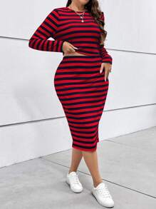 SHEIN Essnce Plus Striped Print Tee & Skirt - Red - View 1