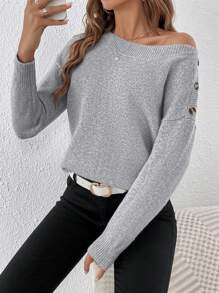 SHEIN Frenchy 紐扣細節落肩袖套頭毛衣 - 灰色 - 查看 4
