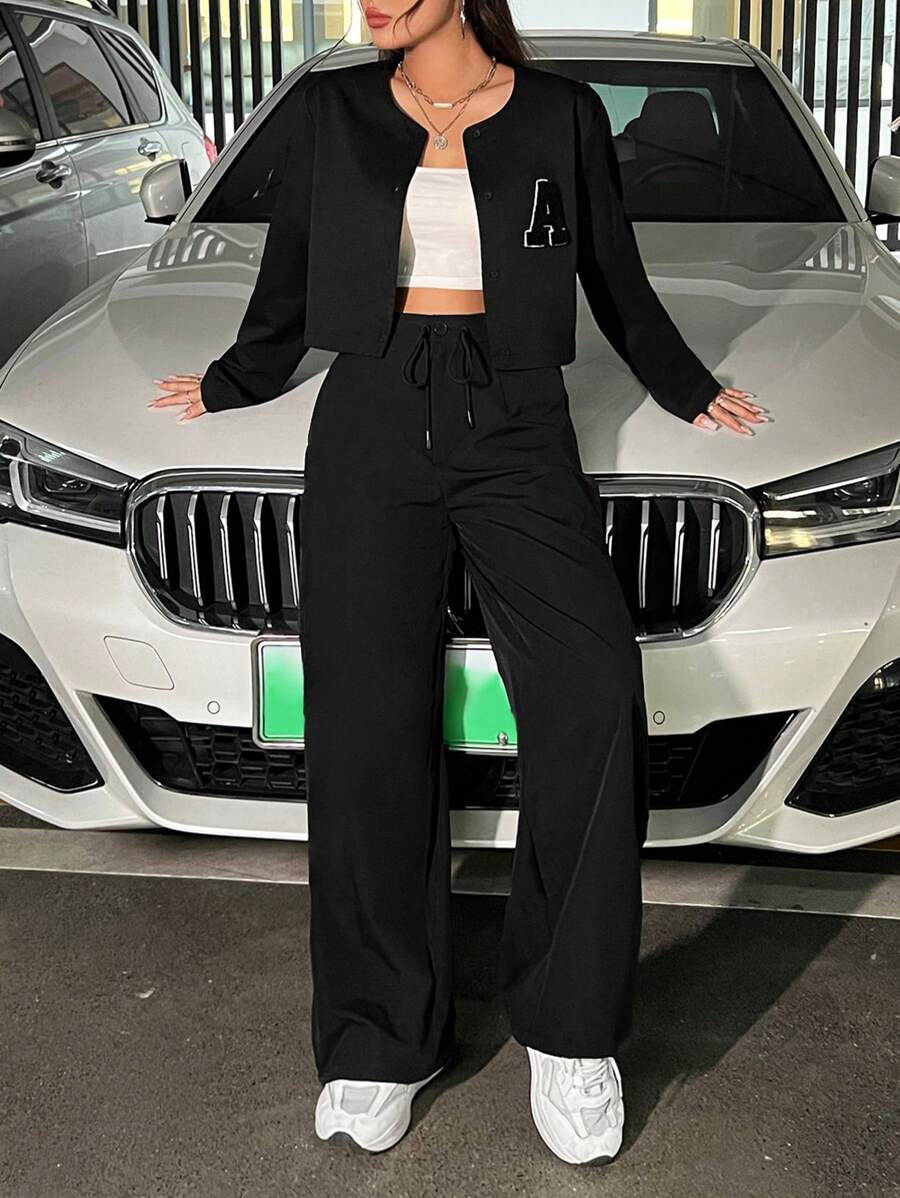 SHEIN EZwear Thư được vá Áo khoác & Eo dây rút Quần - màu đen - Xem 1